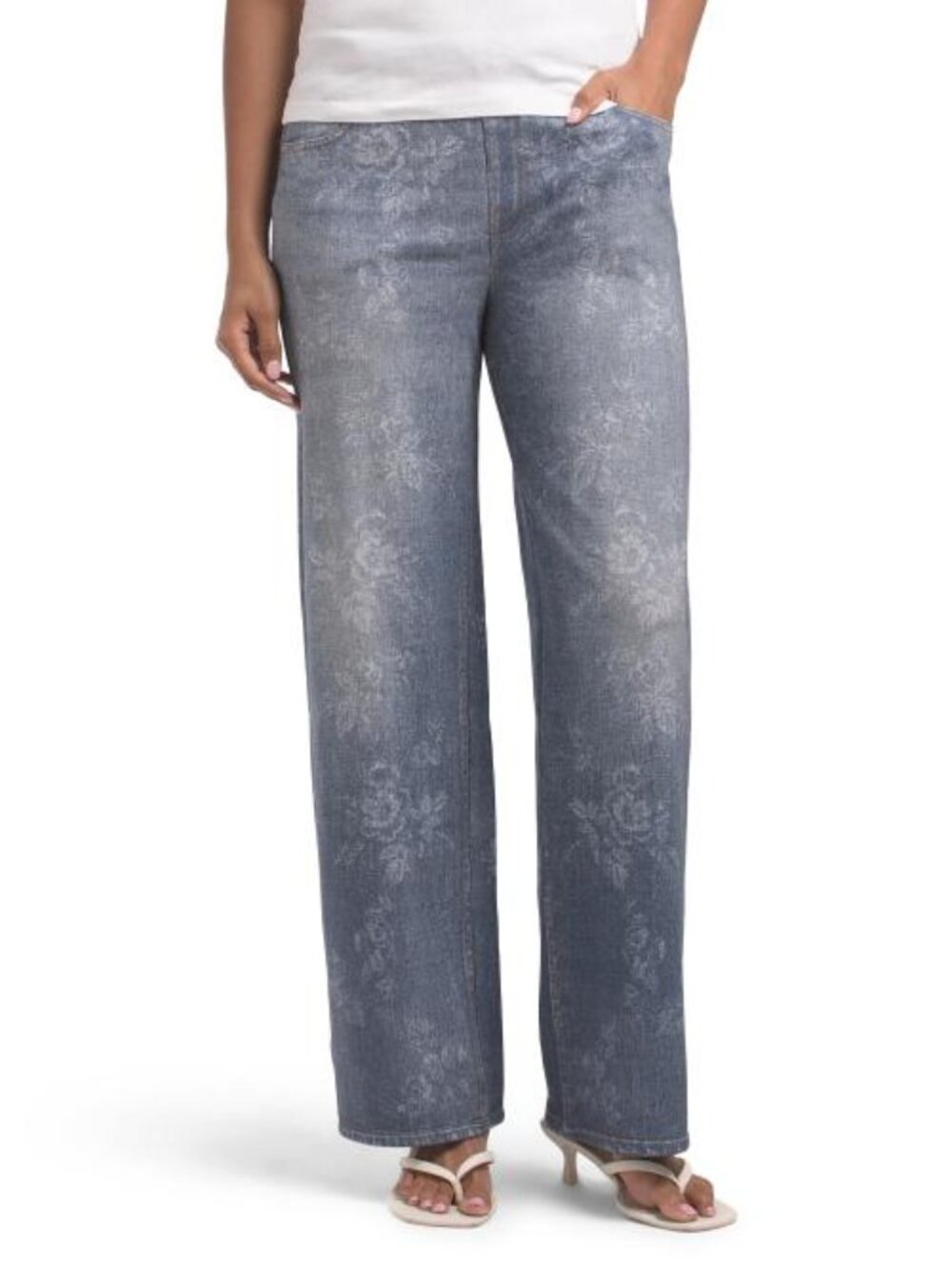 ECRU Knit Printed Denim Look Wide Leg Pull On Pants